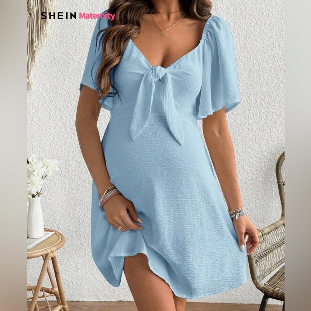 Maternity Short Sleeve A-Line Midi Dress, Baby Blue, SZ L (8/10)
